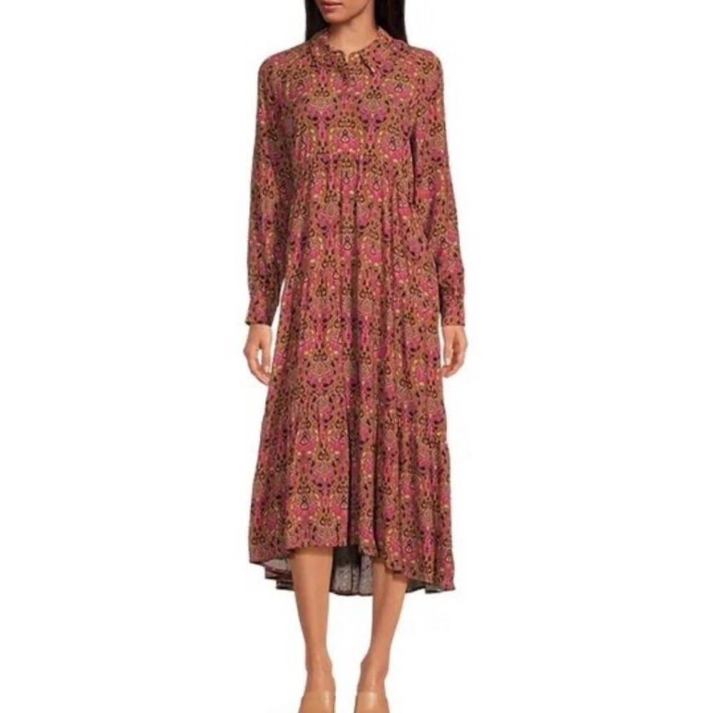 A Loves A Paisley Print Button Down Collar Long Sleeve Tiered Maxi Dress Small
